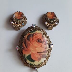Vintage Rose Filigree Brooch and Earrings